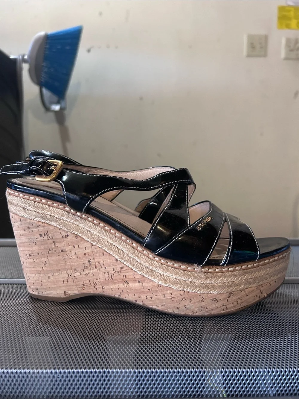 Prada Black Patent Leather Crisscross Platform Sandals